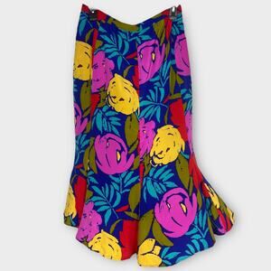 Vintage Blue Silk Skirt Bold Floral Pattern Colorful fit and flare 10 Medium